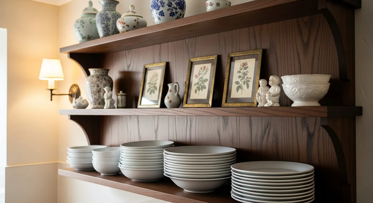 A Set of Elegantly Crafted Dark Walnut Open Shelves, Deeply Stained With a Semi-gloss Finish, Inspired by Classic English Country Home Aesthetics