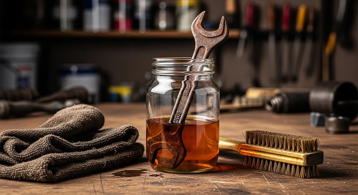A Severely Rusted, Oxidized Metal Wrench, Visibly Corroded, Partially Submerged in a Transparent Glass JAR Filled With Amber Diesel Fuel