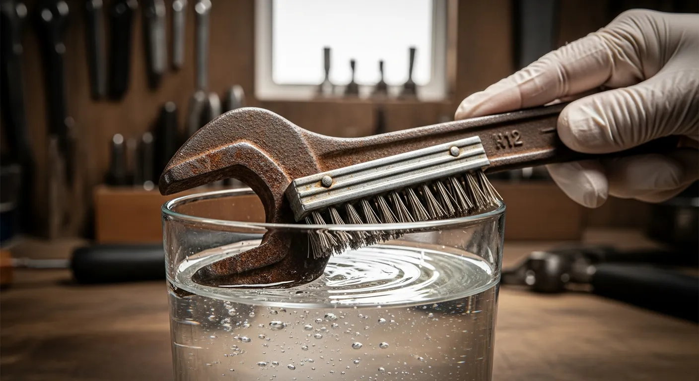 A Severely Rusted, Vintage Cast-iron Wrench Partially Submerged in a Transparent Glass Container Filled With Clear, White Vinegar