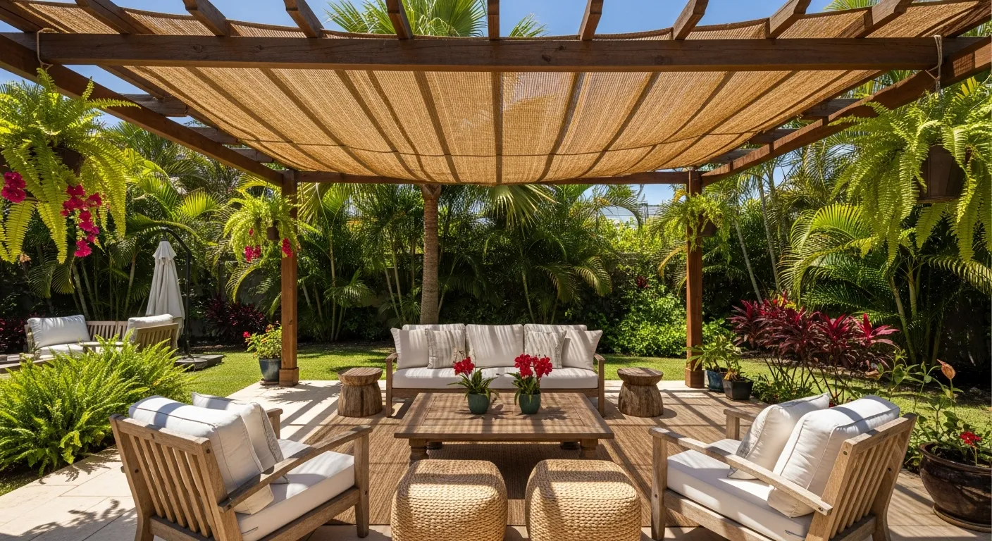 A Sturdy Wooden Pergola Supports a Stretched, Light Brown Woven Natural Fiber Shade