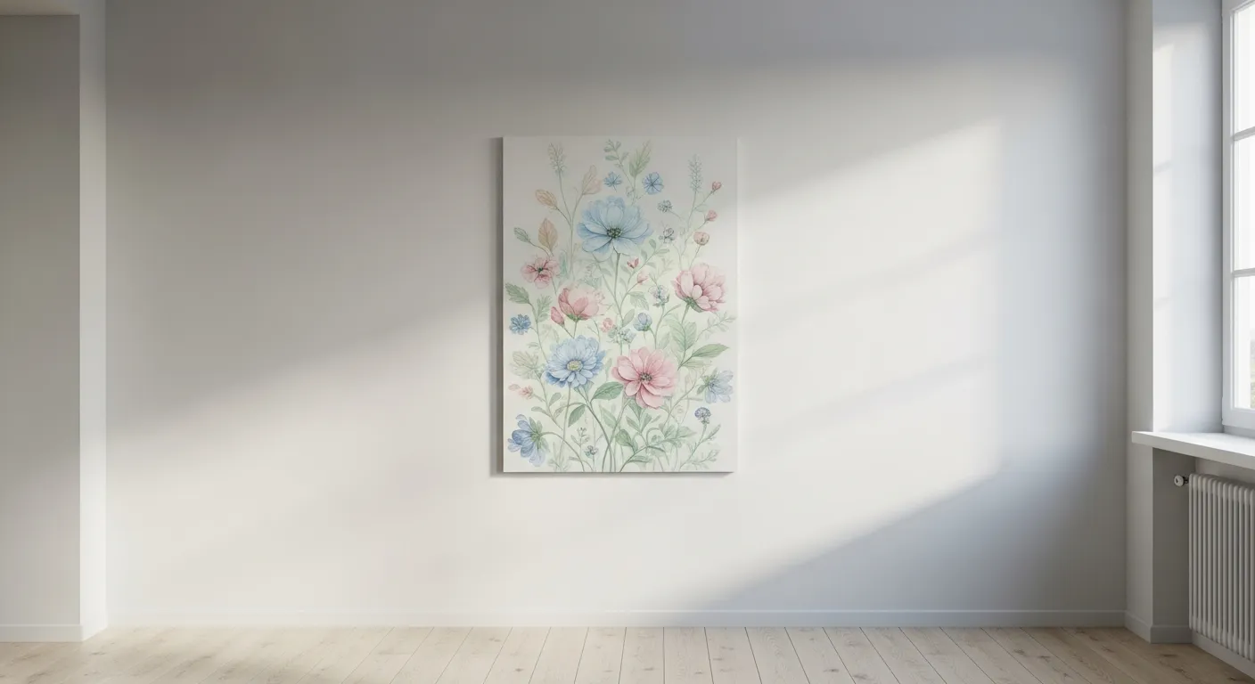 A Single, Exquisite Floral Pastel Artwork, Perfectly Centered on a Matte, Light Off-white Minimalist Wall Within a Contemporary Danish Interior