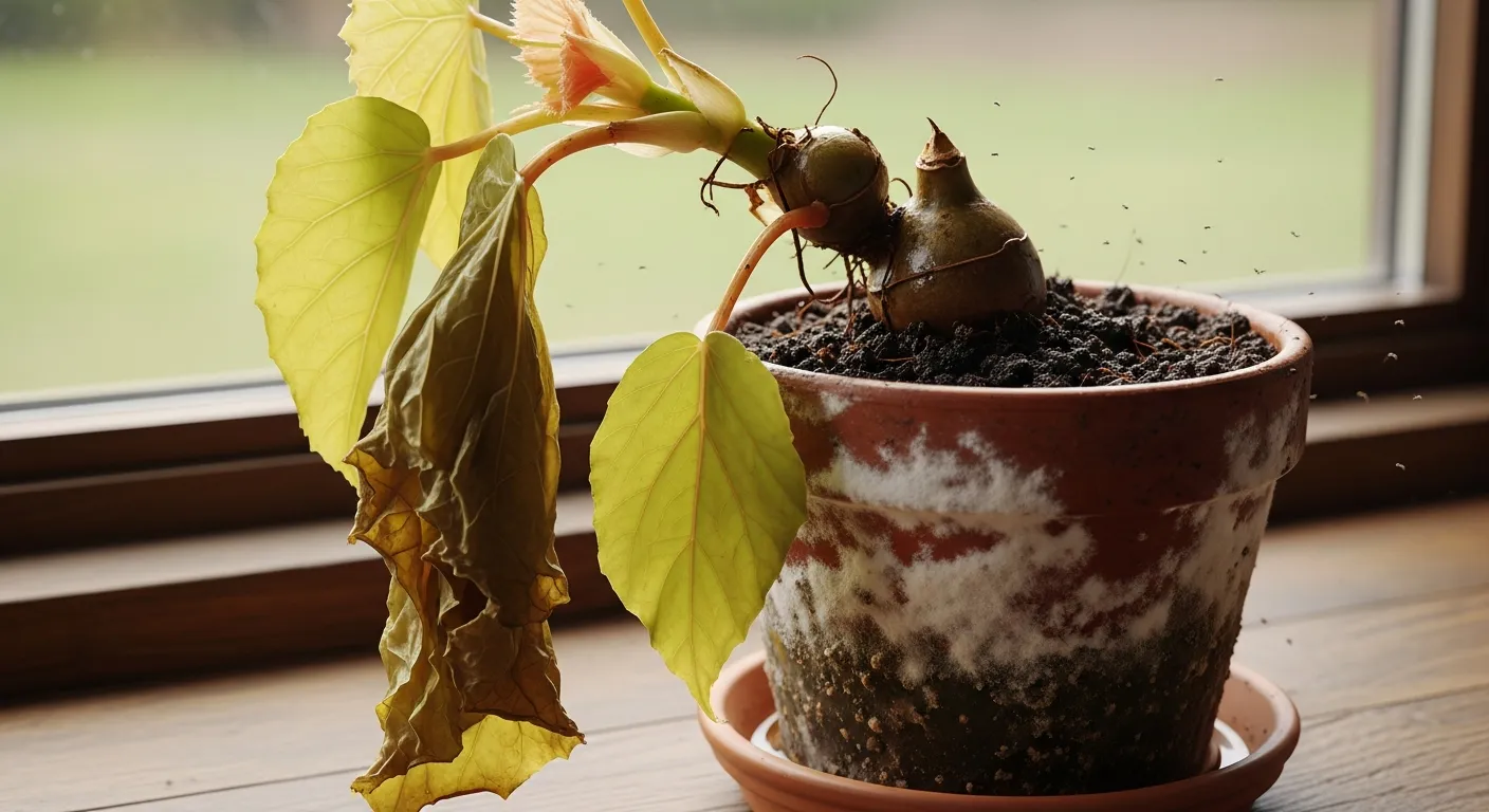A Single, Severely Overwatered Leafy Houseplant, Struggling Within a Distressed Terracotta Pot