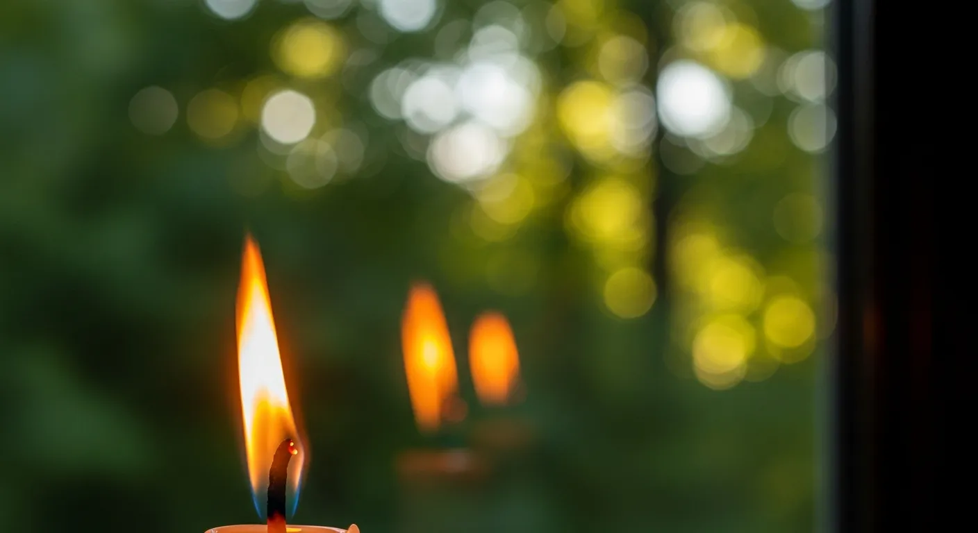 A Single Vibrant Candle Flame, Burning Steadily on a Black Wick and the Reflections Glow Softer and Less Defined Than the Primary Flame