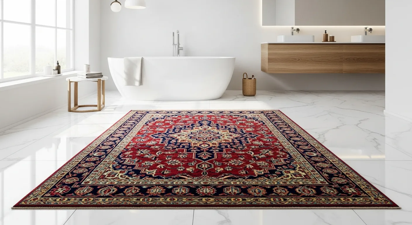 A Sizable, Intricately Patterned Classic Persian Rug, Richly Colored Lying Precisely Centered on a Pristine, Polished White Marble Bathroom Floor