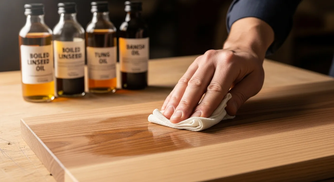 A Skilled Artisan's Hand Carefully Wiping a Thin, Even Layer of Danish Oil Onto a Beautiful, Unfinished Piece of Natural Hardwood