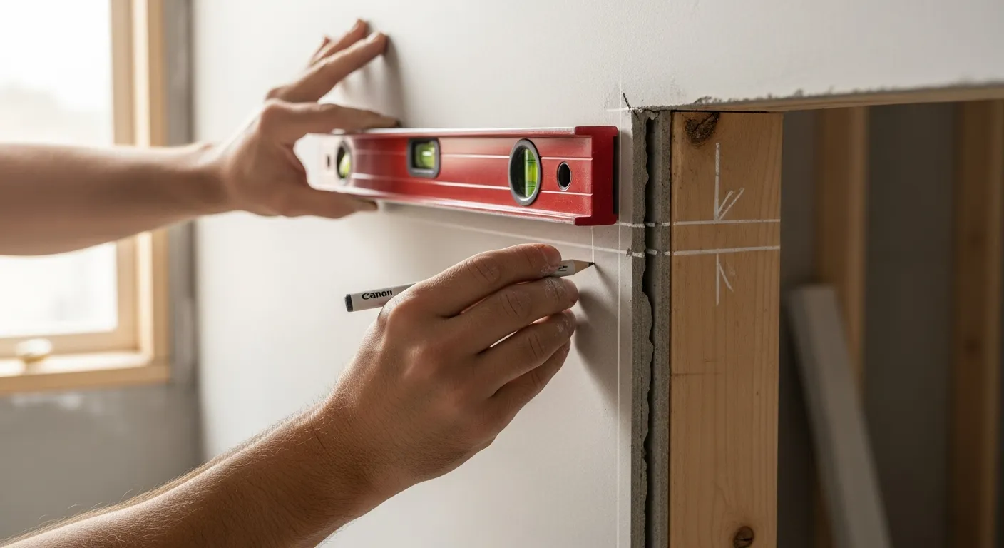 A Skilled Construction Worker's Hands, Marking the Upper and Lower Points of a Door Opening on a Raw, Unfinished Drywall Wall