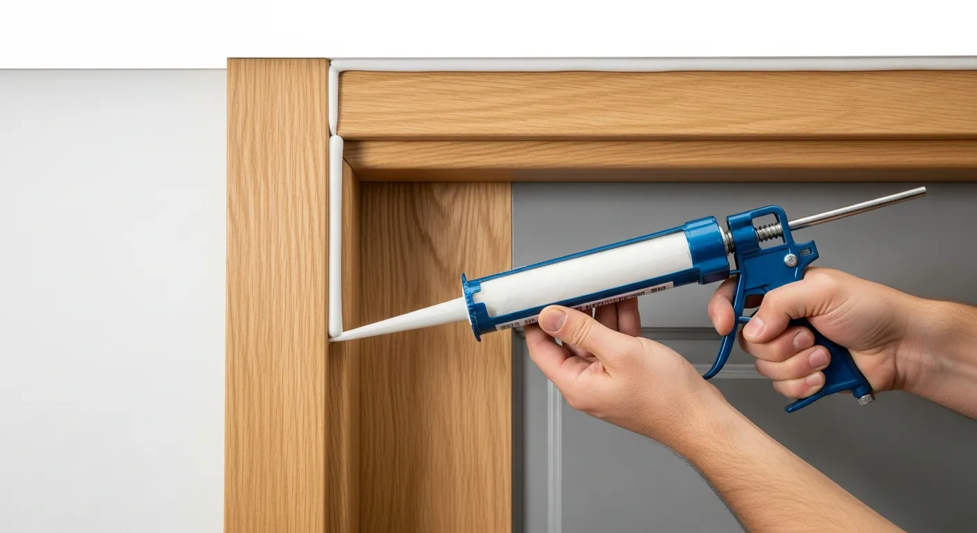 A Skilled Hand, Applies a Smooth, Pristine White Caulk Bead From a Caulk Gun Along the Outer Edge of a Light Oak Wooden Door Frame