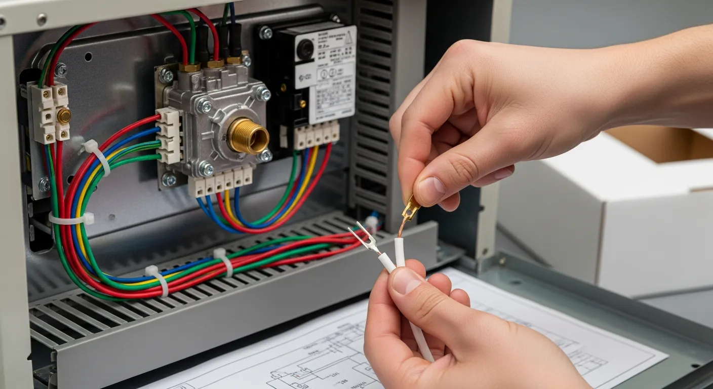 A Skilled Hands Connecting a White Electrical Wire to a Brass Terminal Inside an Open Furnace