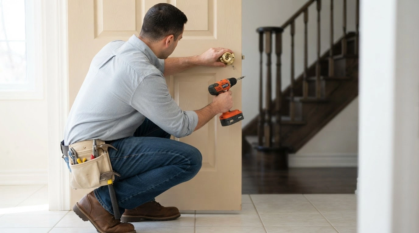 A Skilled Male Handyman Diligently Working on Installing a Light Beige Interior Door