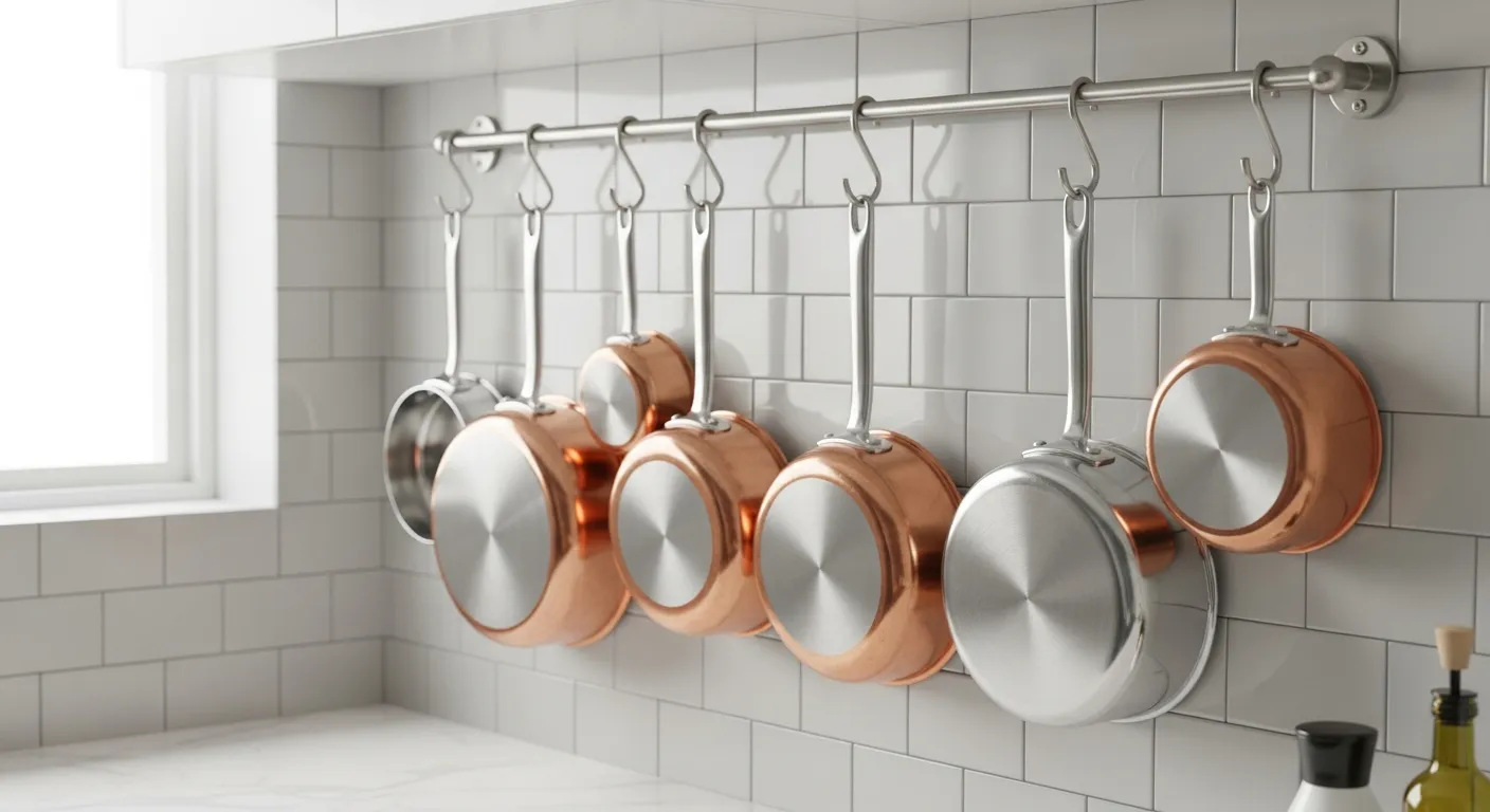 A Sleek, Brushed Stainless Steel Rail System, Securely Mounted on a Pristine, Light Grey Subway Tile Backsplash