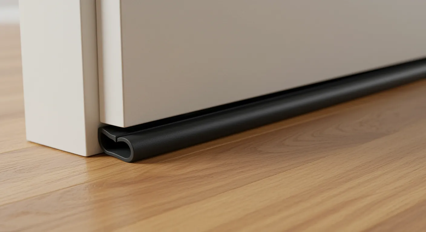 A Sleek, Dark Rubber or Vinyl Door Sweep is Perfectly and Precisely Installed, Forming a Seamless, Airtight Seal