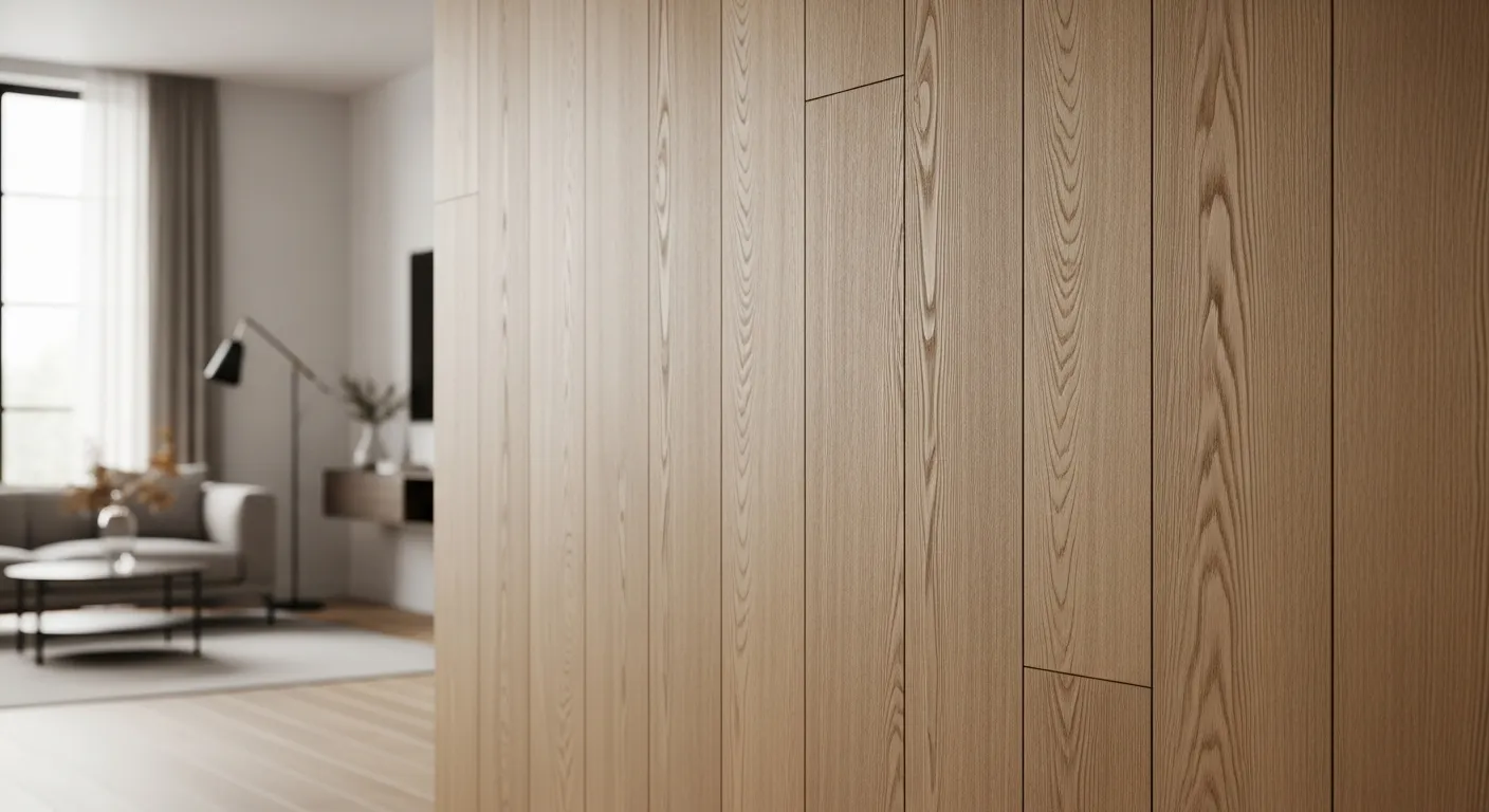 A Sleek, Modern Accent Wall Made of Prefinished Light Oak Wood Planks