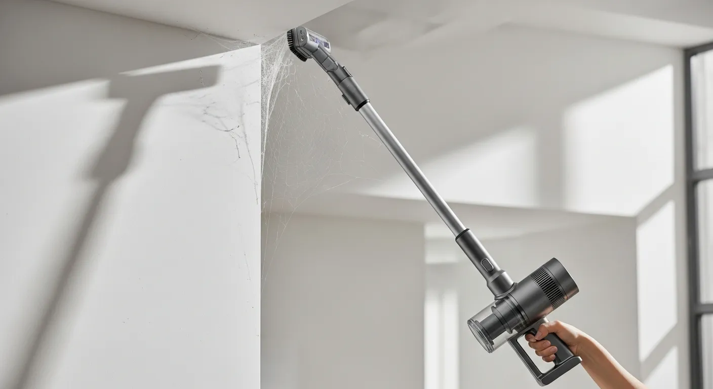 A Sleek, Modern Cordless Vacuum Cleaner Efficiently Removing Cobwebs
