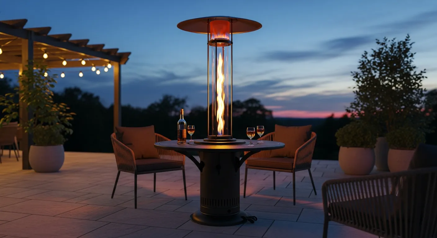 A Sleek, Modern East Oak Patio Heater, Made of Brushed Stainless Steel, With a Built-in Circular Table