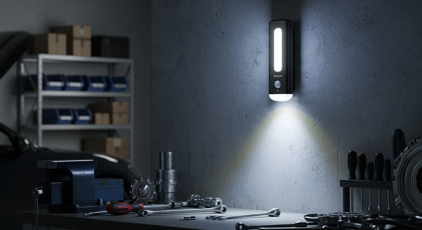 A Sleek, Modern Gotopceed Rechargeable Motion Sensor Wall Light, Mounted Centrally on a Rough, Textured Concrete Garage Wall