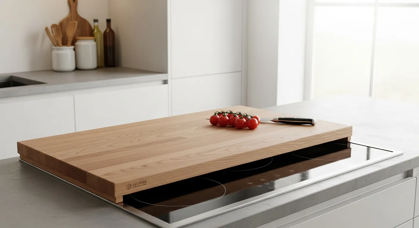 A Sleek, Modern Kitchen Stovetop, Transformed Into an Extended Workspace by a Substantial, Finely-grained Solid Maple Cutting Board