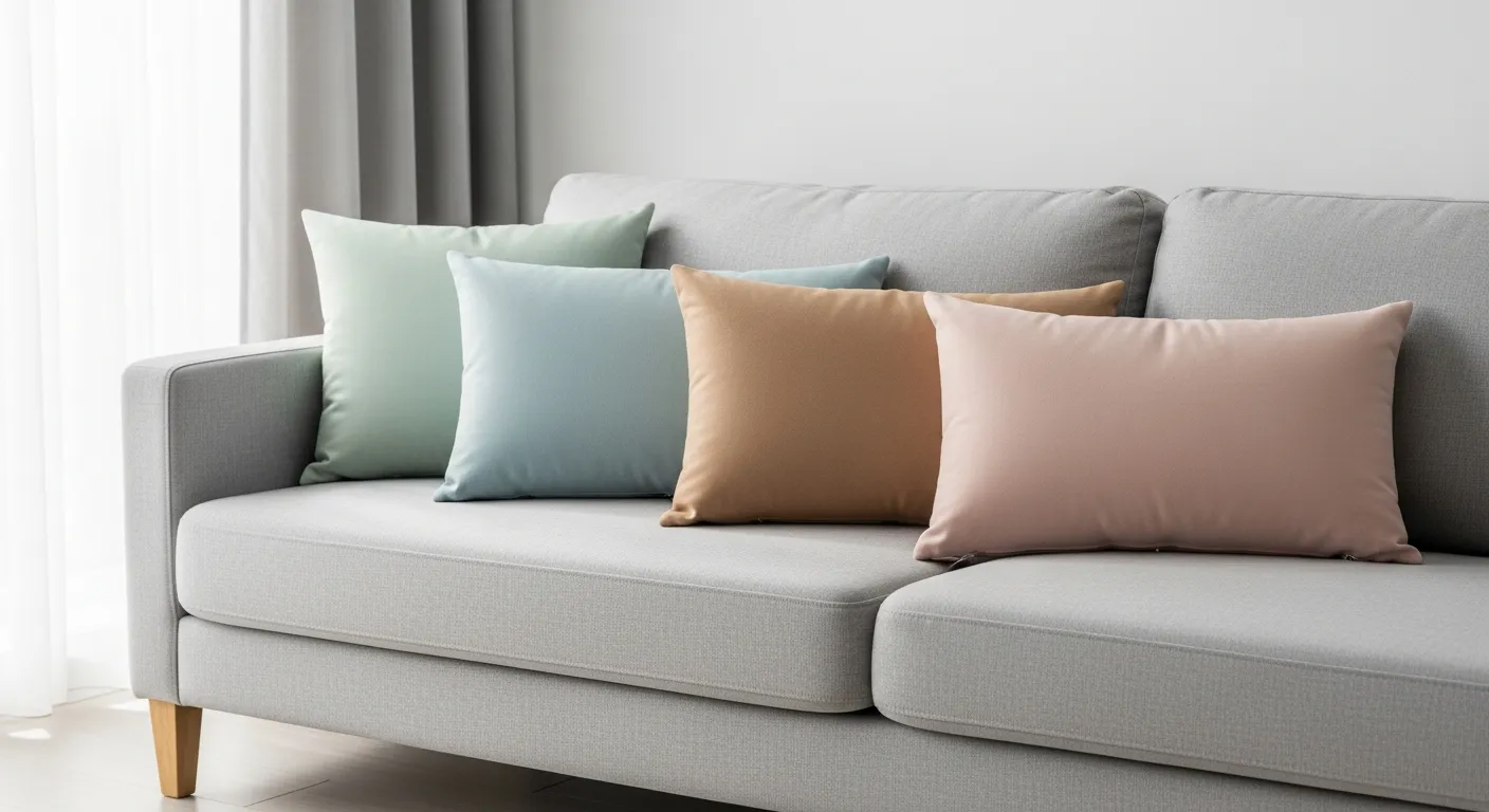 A Sleek, Modern Light Gray Sofa, Adorned With a Meticulously Arranged Selection of Plush, Rectangular Throw Pillows in Serene Pastel Shades