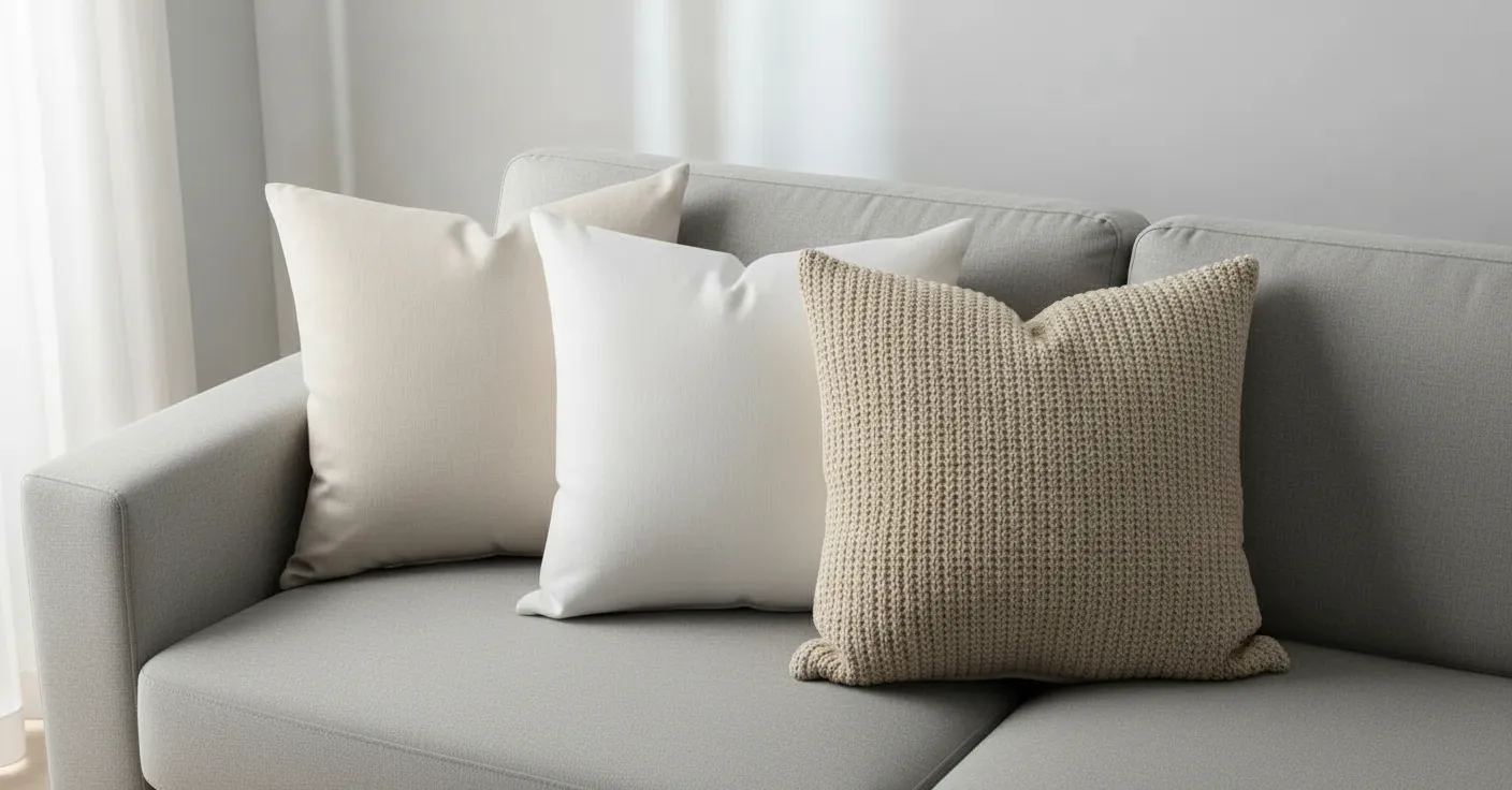 A Sleek, Modern Light Gray Sofa With Artfully Arranged Plush Throw Pillows in Creamy Ivory, Pure White, and One Warm Beige