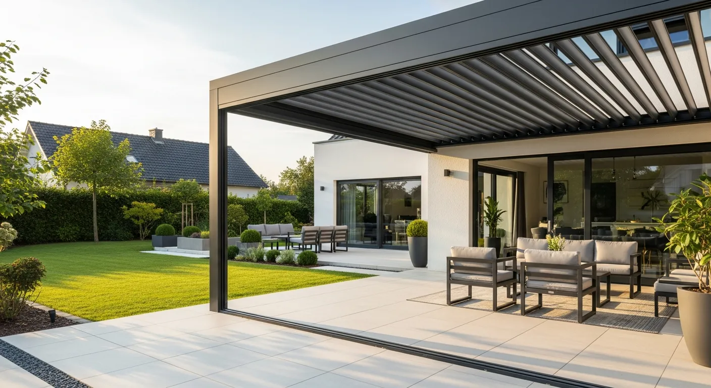 A Sleek, Modern Louvered Patio Roof With High-investment Structure, Made of Dark Gray Aluminum Adjustable Blades