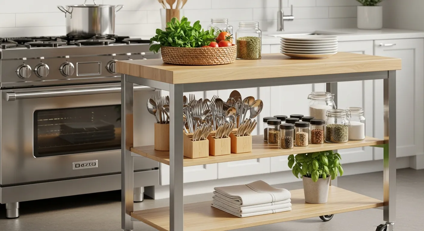 A Sleek, Modern Rolling Kitchen Cart Features a Polished Stainless Steel Frame, a Thick Butcher Block Top, and Natural Wood Shelves