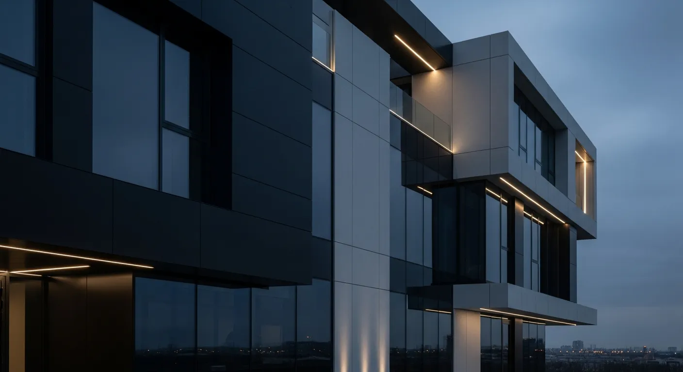 A Sleek, Sophisticated Modern Architectural Exterior at Late Dusk