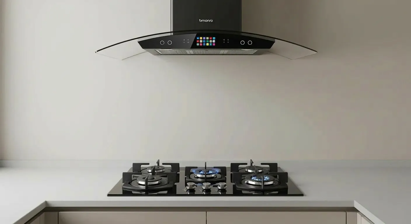 A Sleek, Wall-mounted, Matte Black Kitchen Range Hood With a Curved Glass Canopy Design, and a Black Four-burner Gas Stovetop