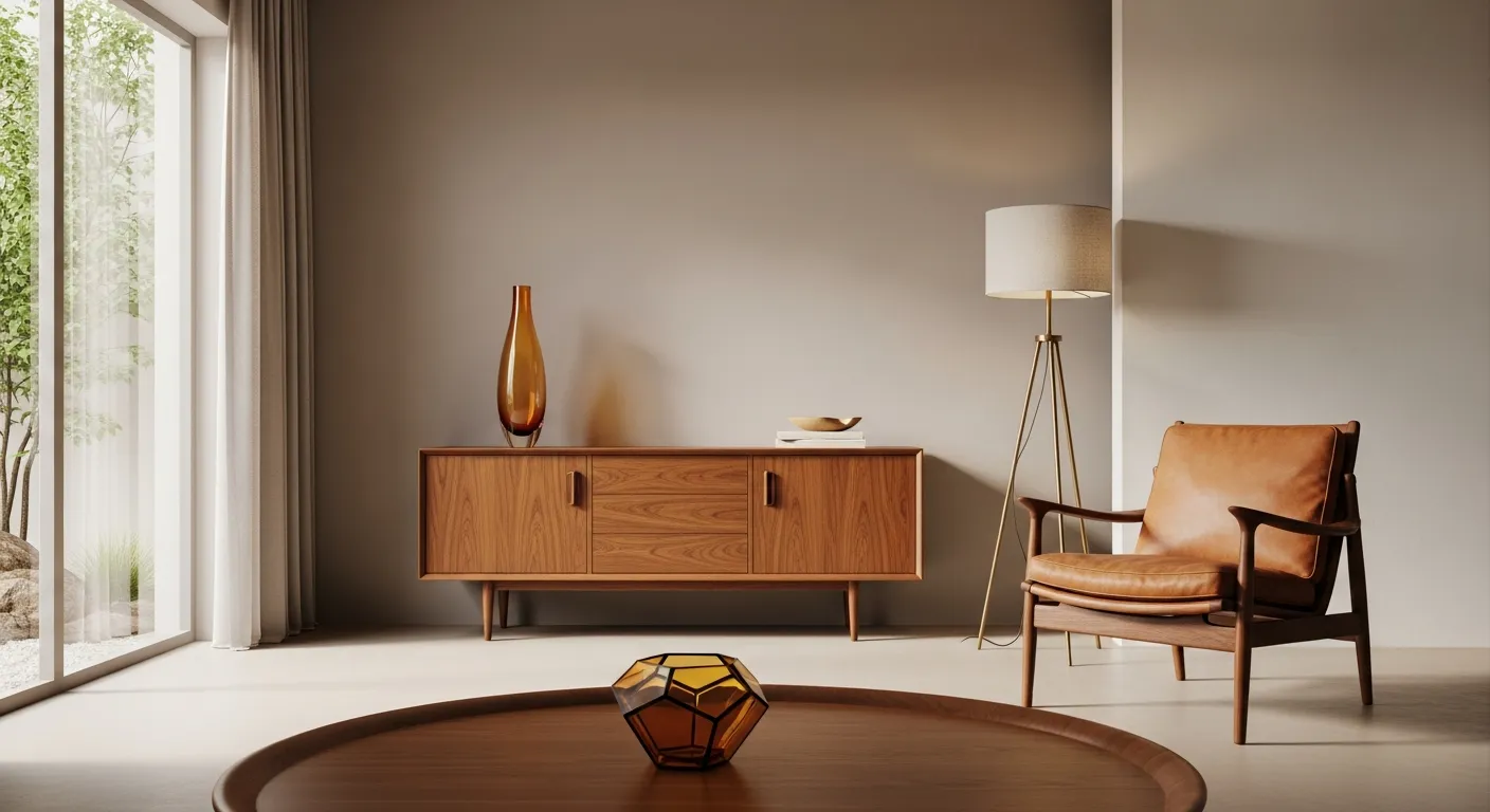 A Sleek Walnut Credenza Against a Pale Taupe Wall, Topped by an Elongated Amber Handblown Art Glass Vase in a Mid-century Modern Living Room
