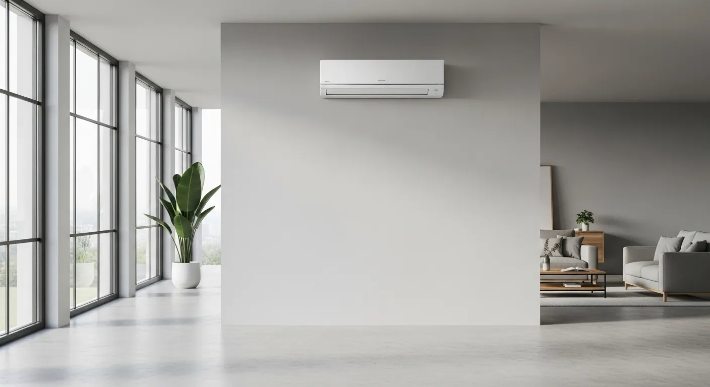A Sleek, White Ductless Mini-split Indoor Unit Seamlessly Integrated High on a Light Grey Wall in a Open-plan Living Space