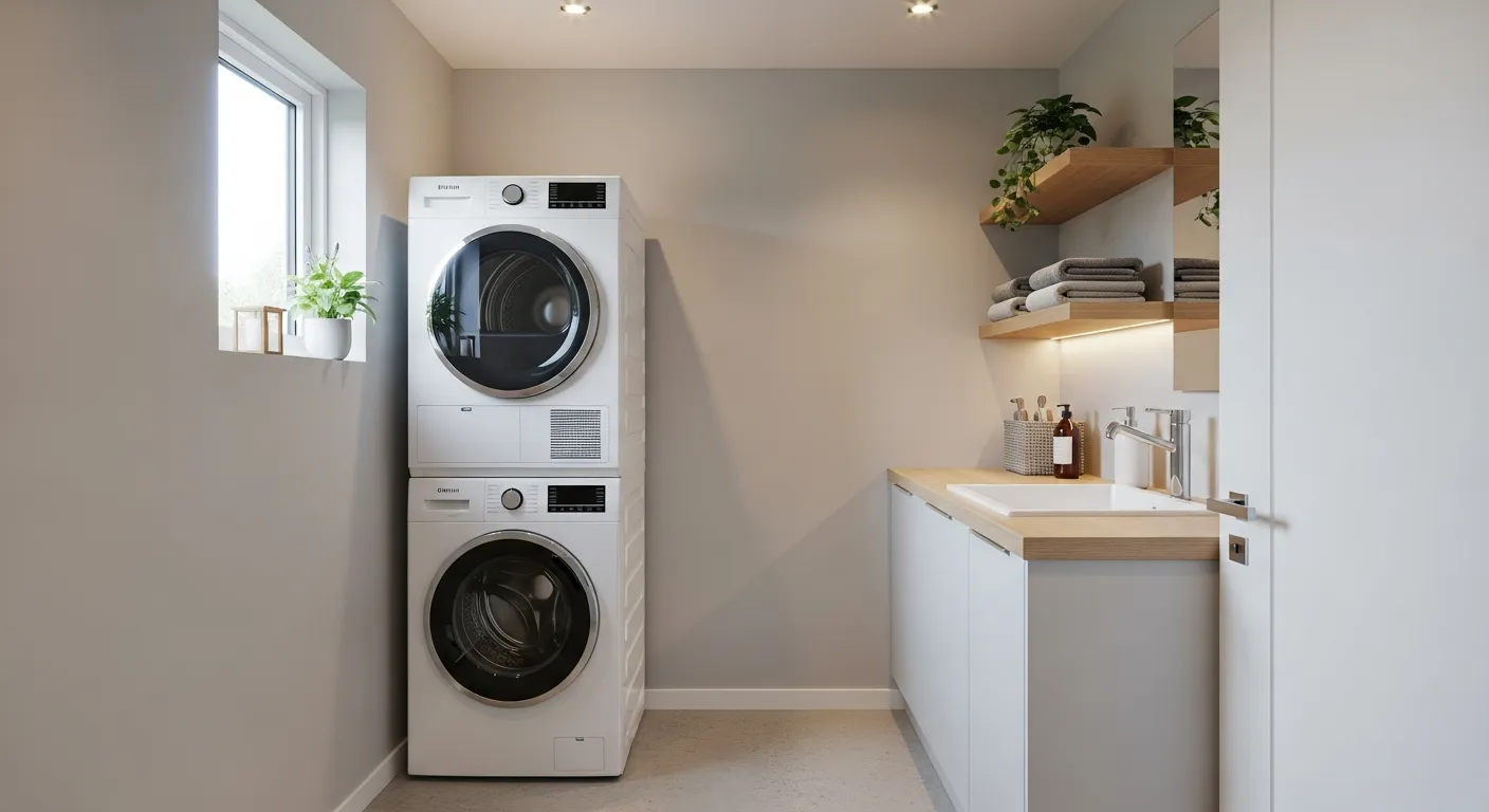 A Sleek White Front-loading Washer is Stacked Neatly Above a Matching White Dryer, Positioned Against a Clean, Pale Grey Wall