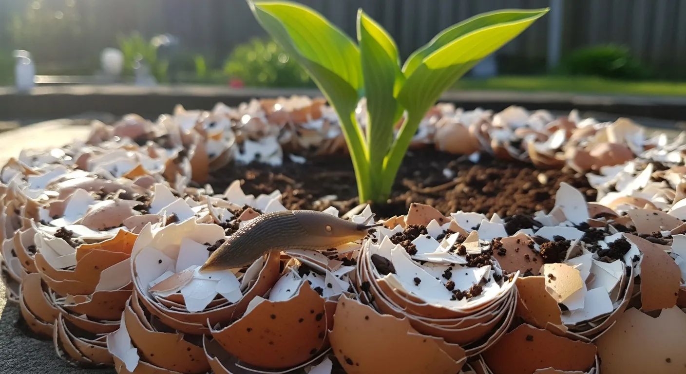 A Small, Glistening Brown Garden Slug Hesitating at a Barrier of Sharp, Jagged White Crushed Eggshells, Meticulously Arranged on Dark, Damp Soil