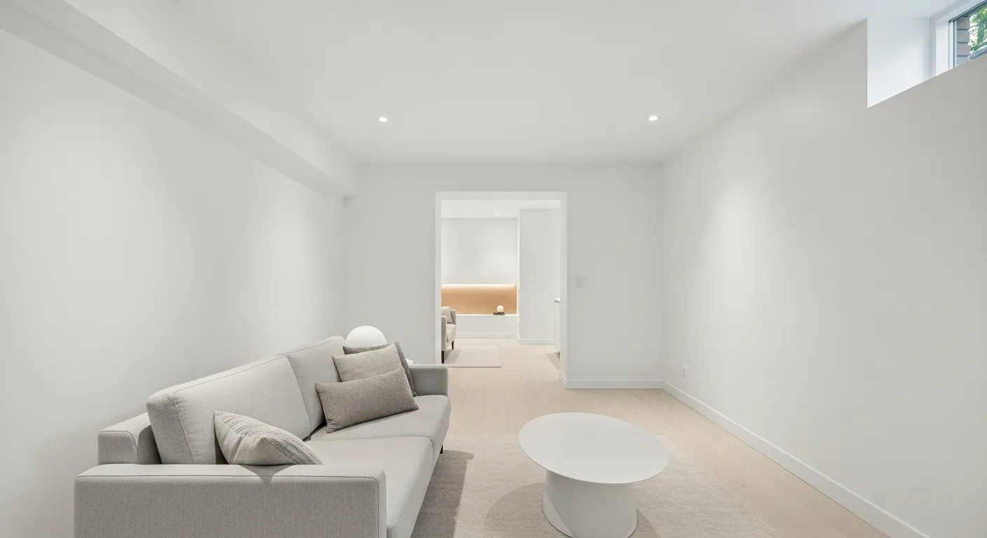 A Small, Low-ceilinged Basement, Masterfully Transformed Into an Incredibly Bright, Spacious, and Airy Living Area With White Walls and Ceiling