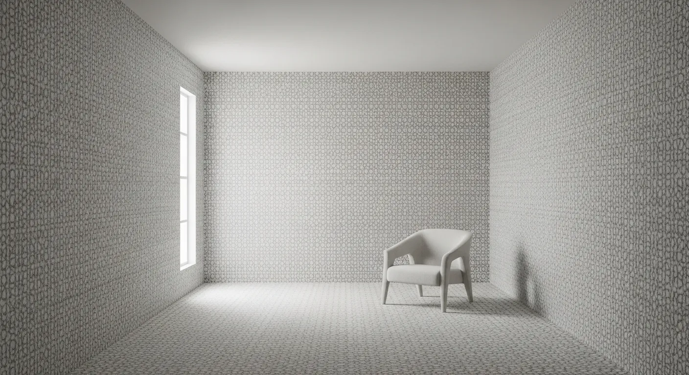 A Small Room With Walls Seamlessly Covered With a Subtly Patterned Wallpaper Visually Expanding the Space