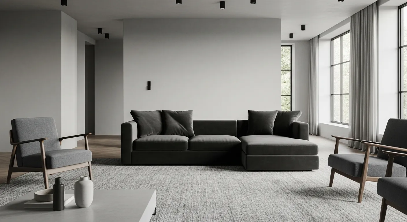 A Sophisticated, Calm, and Spacious Modern Living Room, Designed With a Harmonious Palette of Cool and Warm Gray Tones
