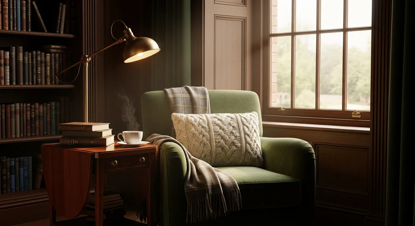 A Sophisticated Dark Academia Reading Nook in a Sunlit Corner