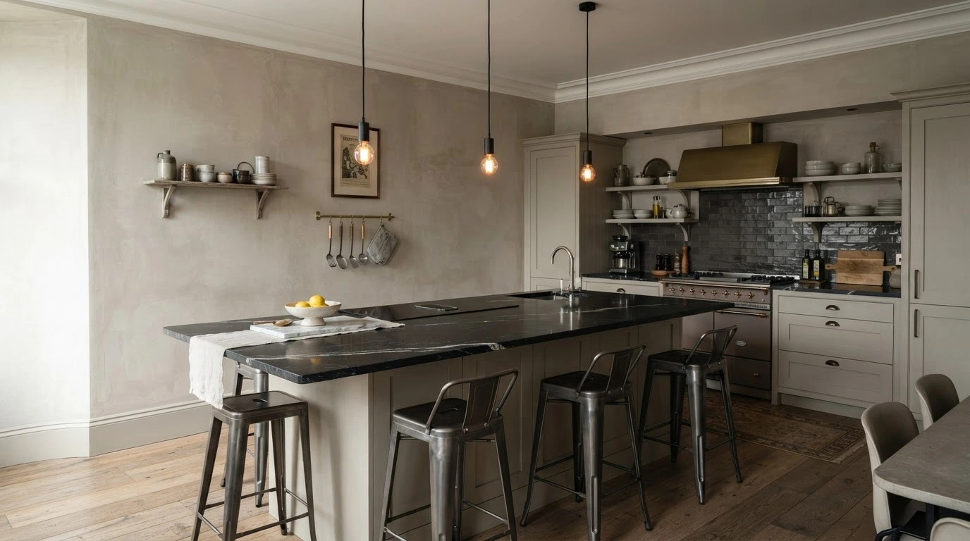 A Sophisticated Kitchen Walls Feature an Elegant Parisian Patina Finish