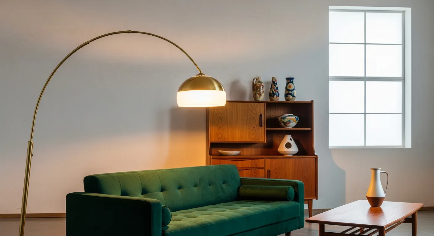 A Sophisticated Mid-century Modern Living Room Interior With a Sculptural, Polished Brass Arc Floor Lamp