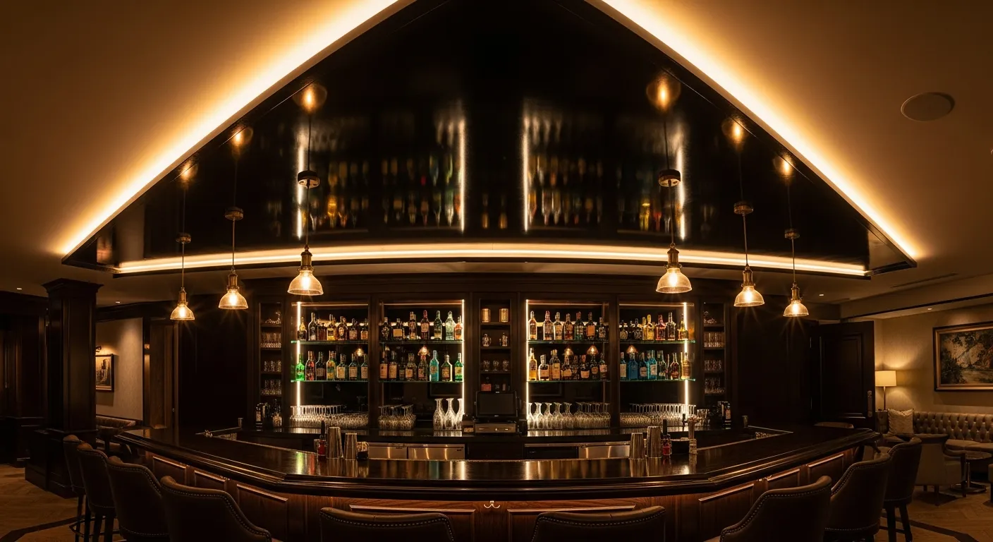 A Sophisticated, Modern Basement Bar With a Sleek, Semi-gloss Black Ceiling Expands the Space, Illuminated by Warm, Indirect LED Strips