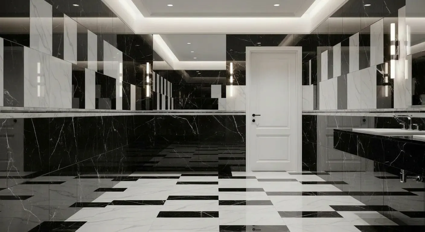 A Sophisticated, Opulent Bathroom Interior With Walls and Floor Are Entirely Covered in Gleaming, High-gloss Tiles