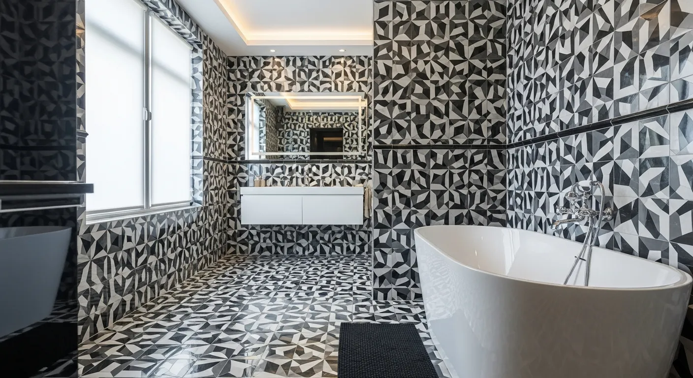 A Sophisticated, Opulent Bathroom Interior With Walls and Floor Are Entirely Covered in Gleaming, High-gloss Tiles