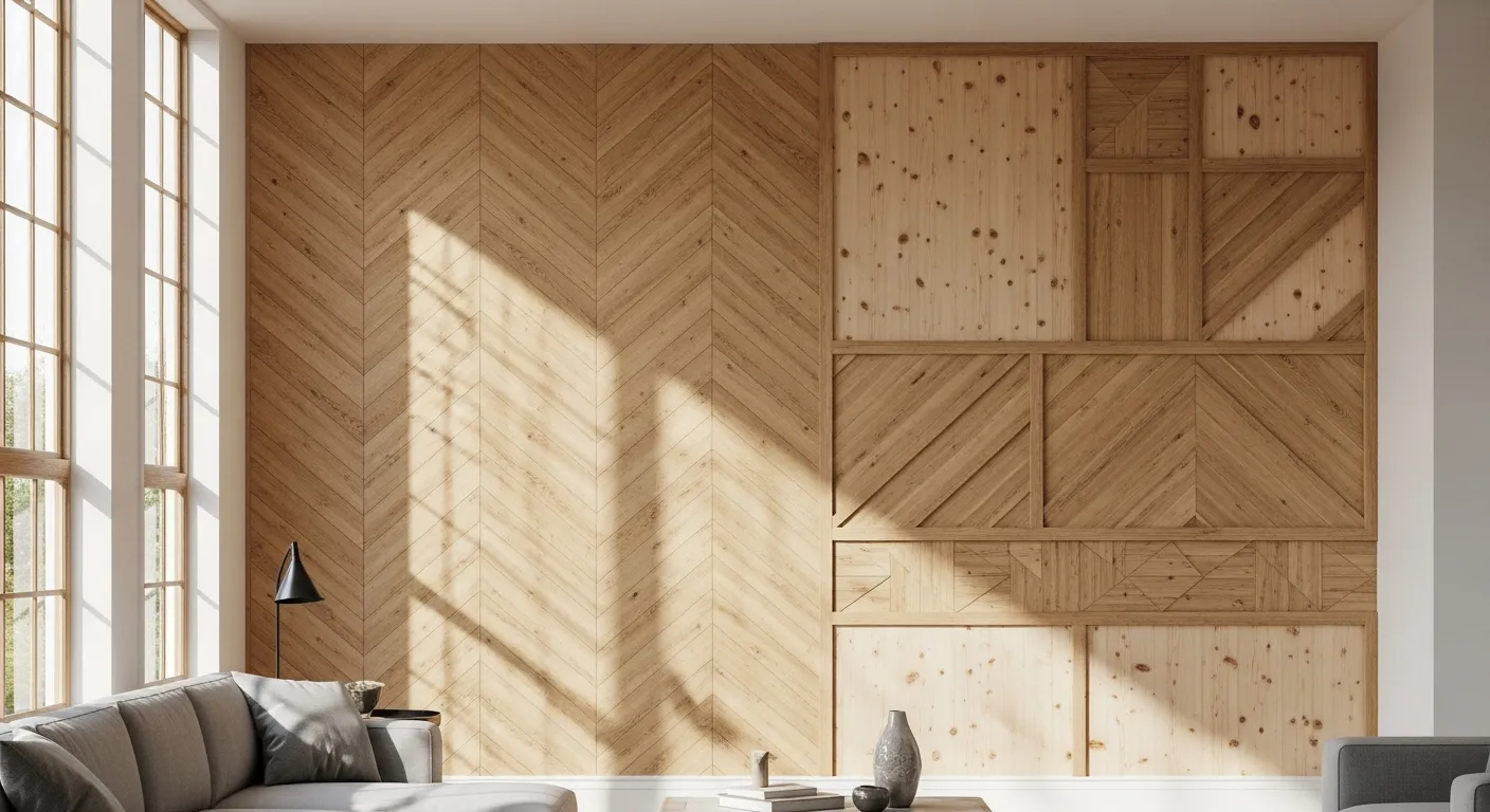 A Sophisticated Wood Accent Wall in a Modern, Sun-drenched Living Room