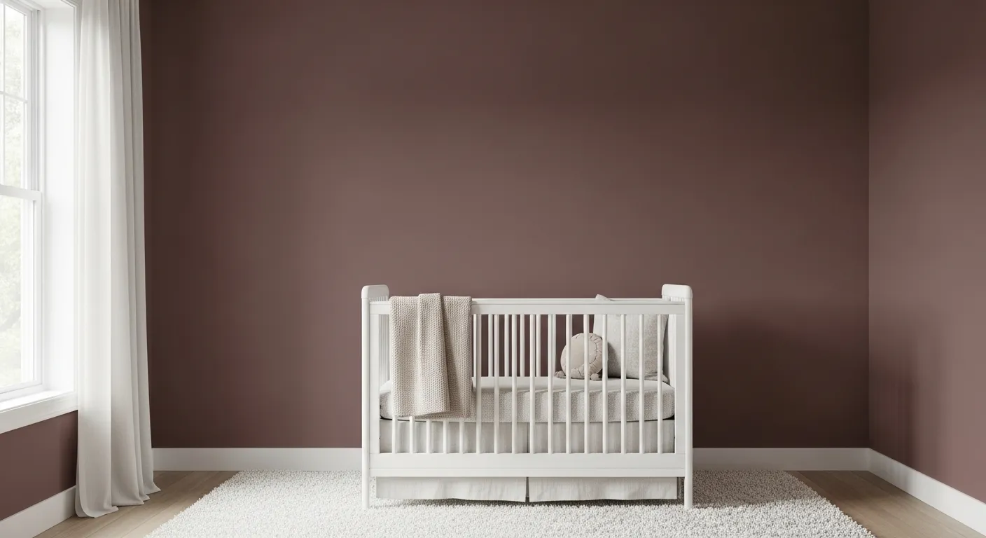 A Sophisticated and Cozy Gender-neutral Nursery Room With Walls Painted in the Deep Mauve, Near-neutral Shade of Benjamin Moore's Seaside Sand