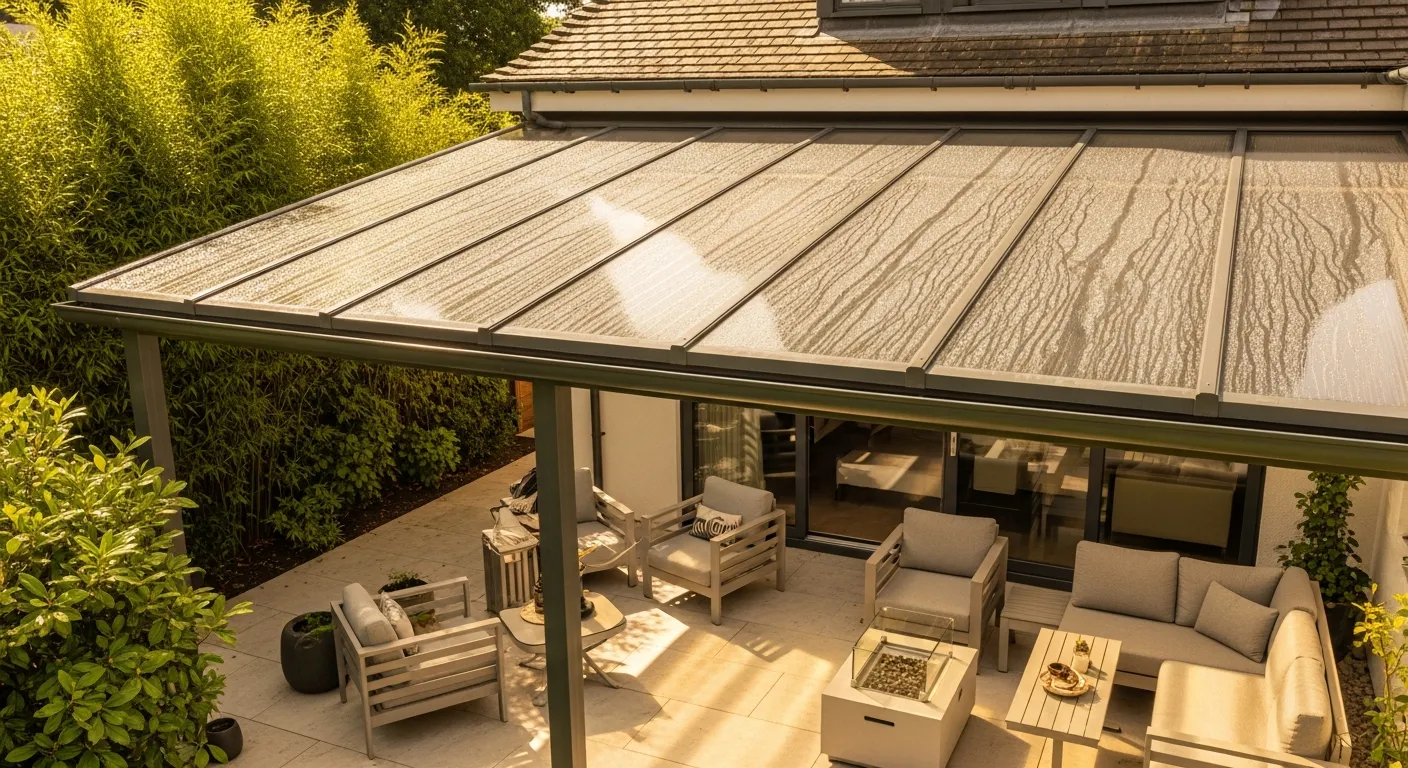 A Spacious, Modern Patio Extension Featuring a Crystal-clear, Corrugated Polycarbonate Roof, Expertly Integrated With the Main House Structure