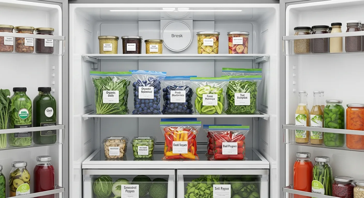 A Spacious, Ultra-modern Refrigerator Interior Organized With Various Fresh Food Items, Each Stored in Transparent, Resealable Clear Plastic Bags