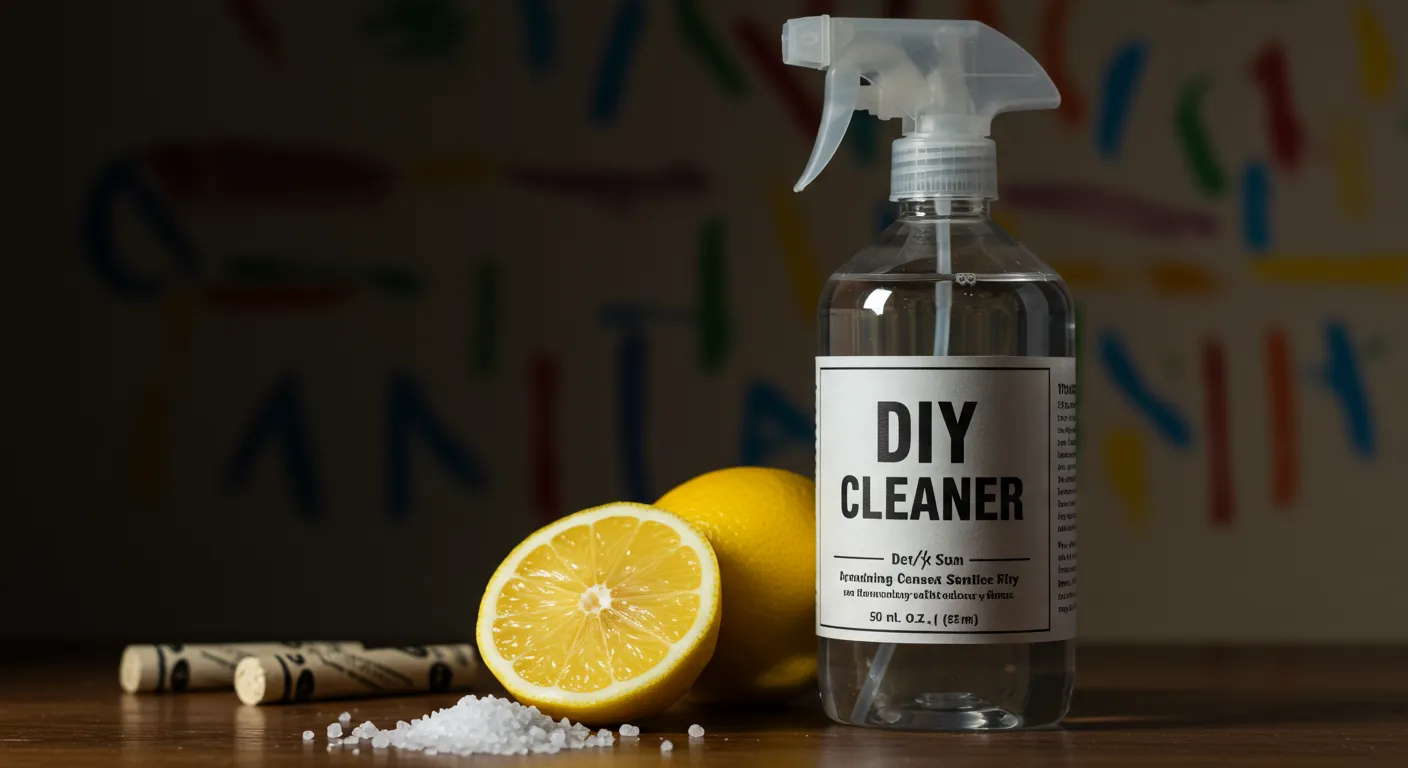 A Spray Bottle Sits Beside a Lemon Cut in Half, and Sea Salt Spilling Slightly A Spray Bottle Sits Beside a Lemon Cut in Half, and Sea Salt Spilling Slightly