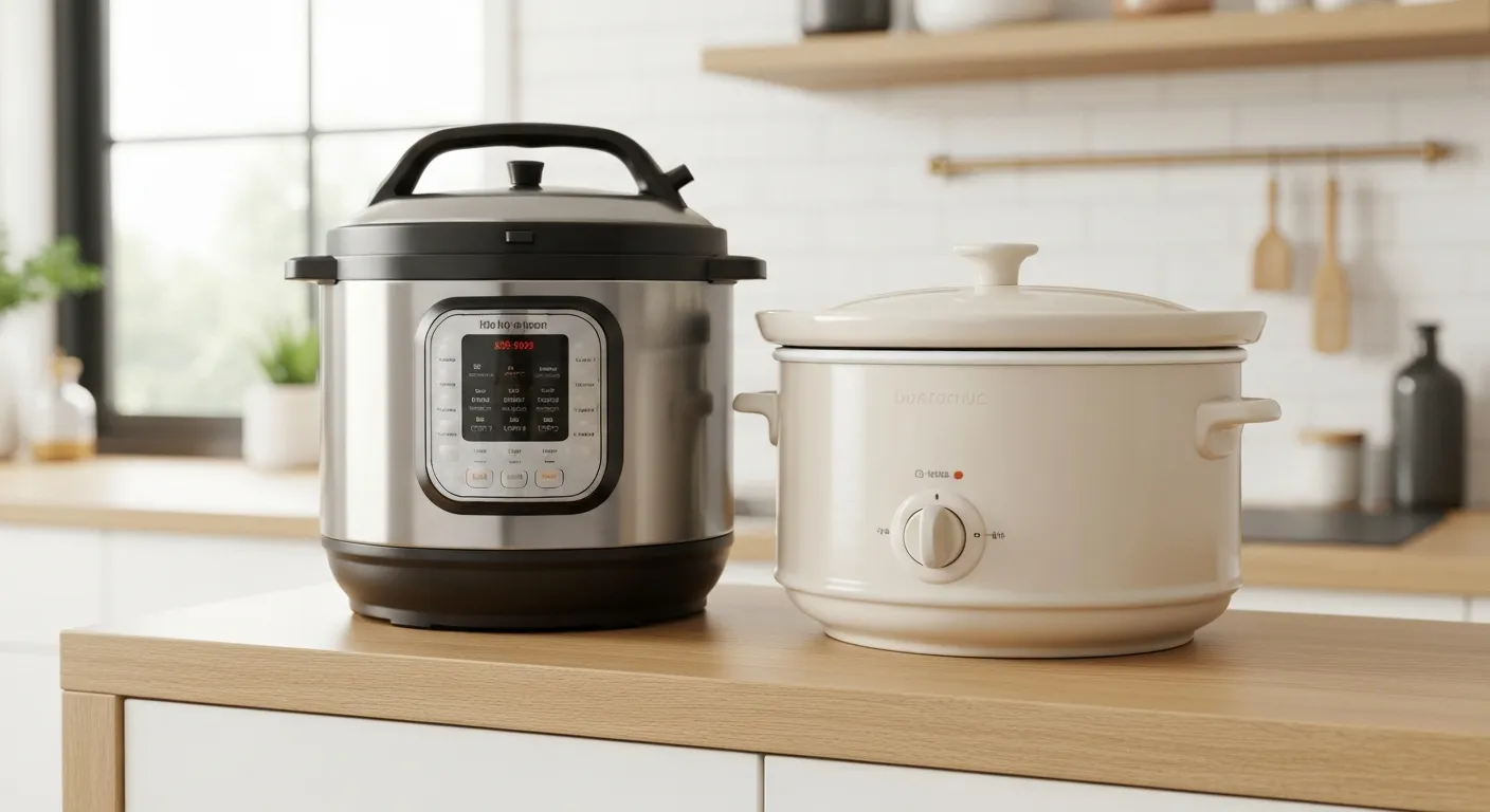 A Stainless Steel Instant Pot and a Cream-colored Ceramic Crock Pot Prominently Displayed on a Sleek, Light-colored Wooden Front Kitchen Shelf