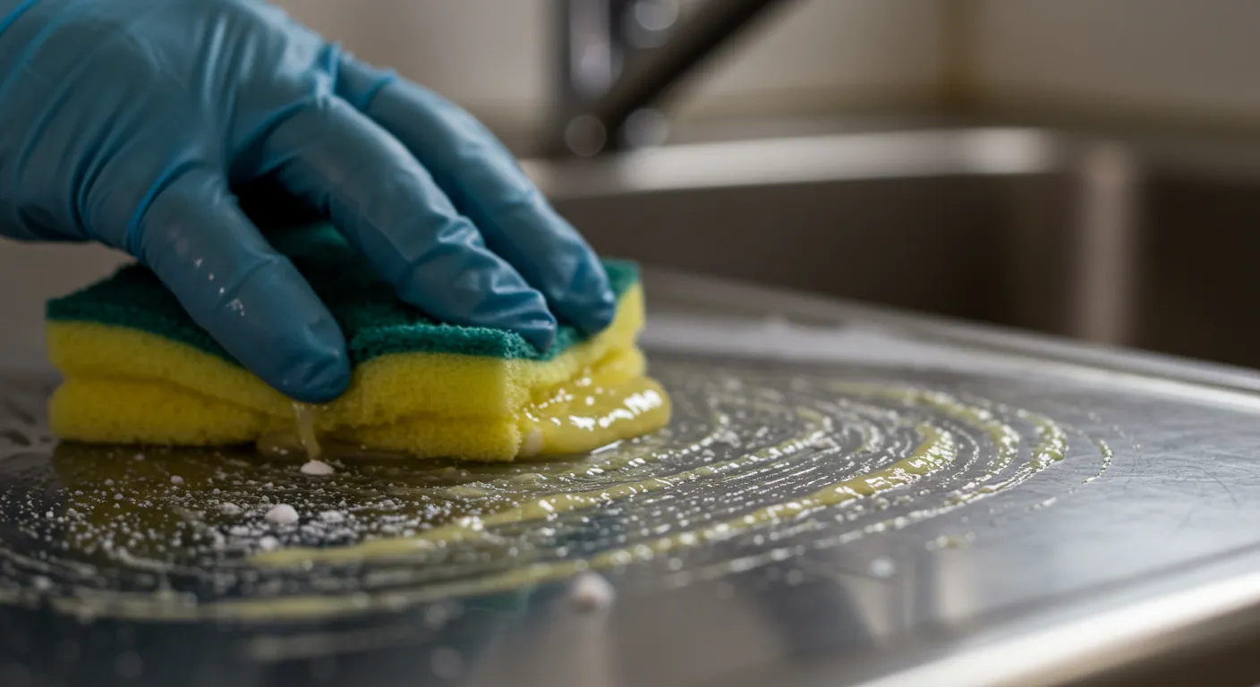 A Stainless Steel Surface Being Cleaned With a Paste of Lemon Juice and Baking Soda A Stainless Steel Surface Being Cleaned With a Paste of Lemon Juice and Baking Soda