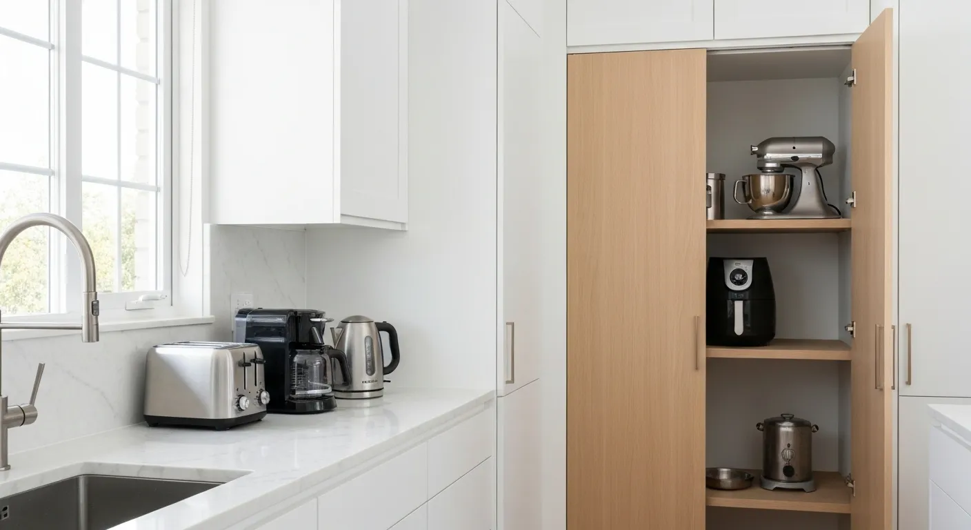 A Stainless Steel Toaster, a Sleek Black Coffee Maker, and an Electric Kettle Are Prominently Displayed on a Pristine White Marble Countertop