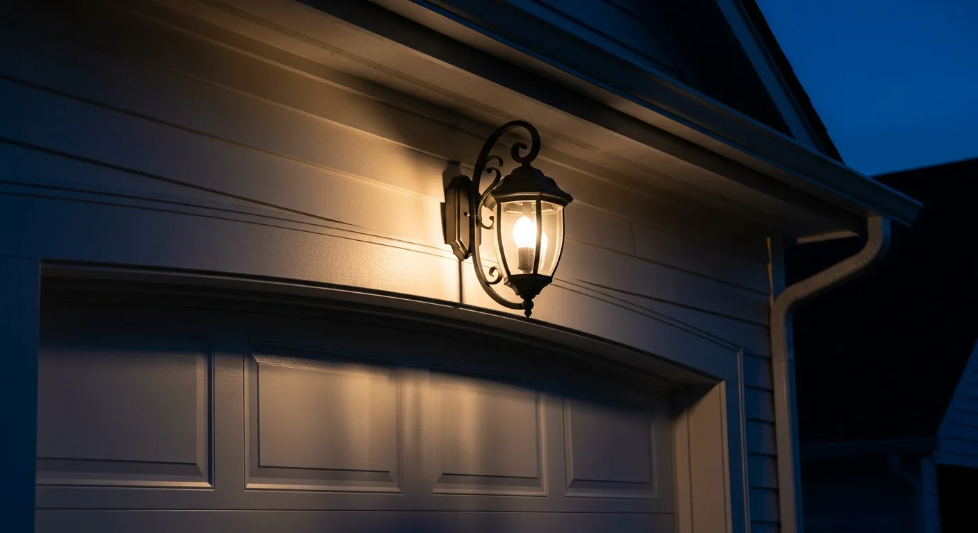 A Striking, Intricately Detailed Dark Wrought Iron Light Fixture is Mounted Precisely Above a Classic White Garage Door