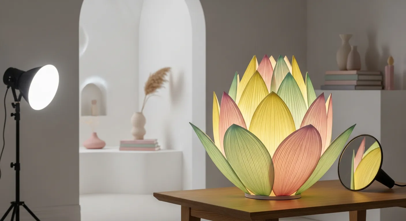 A Stunning, Intricately Designed, Lotus-shaped Table Lamp, Crafted From Delicate, Pleated Pastel Fabric