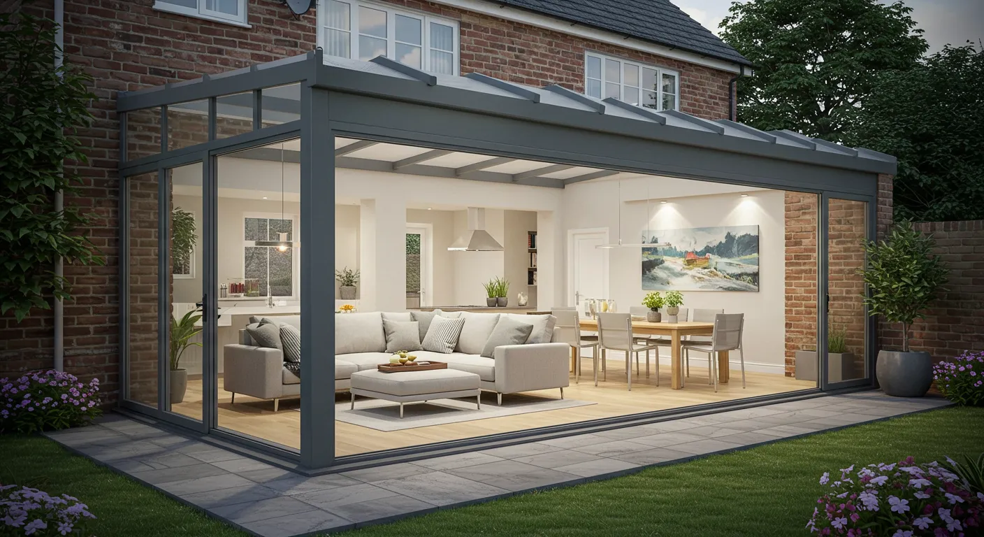 A Stunning, Modern Glass Patio Extension Featuring Seamless, Floor-to-ceiling Glass Panels That Create a Pristine, Minimalist Architectural Look